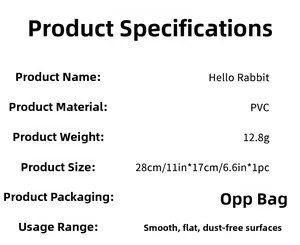 Specifications of PVC cartoon rabbit wall sticker measuring 28x17cm and 12.8g weight