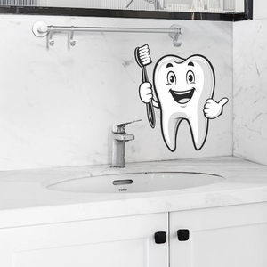 Cartoon tooth wall sticker showing a brushing teeth gesture on a marble bathroom wall