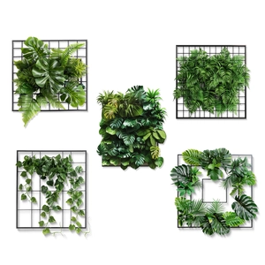 Five styles of faux green vine plants in black metal frames for wall decor