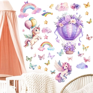 Adesivi murali per cameretta con unicorno, mongolfiera e arcobaleno acquerello