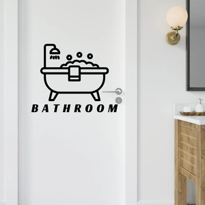 Minimalist self-adhesive bathroom wall sticker featuring a bathtub icon and bathroom text