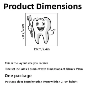 Detail view of cartoon smiling tooth wall sticker with dimensions 18cm x 19cm