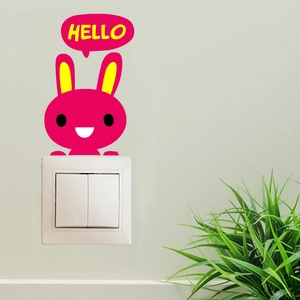 Cute pink cartoon rabbit wall sticker with yellow Hello bubble for light switch decor