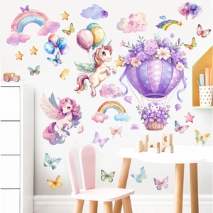 Adesivi murali unicorno luminoso per cameretta bambini con arcobaleno e mongolfiera colorata
