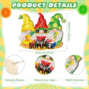 Gnome summer door sign detail with Hello Summer text and watercolor fruit gnome designs
