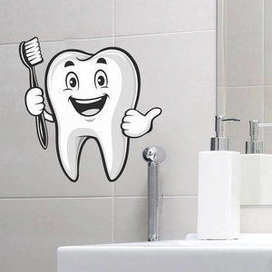 Smiling cartoon tooth wall sticker with toothbrush on a clean white bathroom tile wall