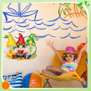 Summer wooden door sign with cute fruit gnomes and Hello Summer text for wall hanging