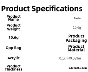 Detailed table of product specifications including weight and packaging for acrylic table numbers