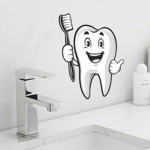 Creative cartoon smiling tooth wall sticker for bathroom decor with toothbrush and thumb up
