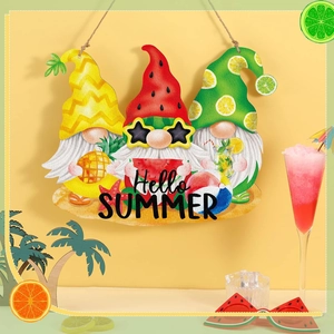 Hello Summer gnome wooden door sign featuring pineapple and watermelon themed dwarf designs