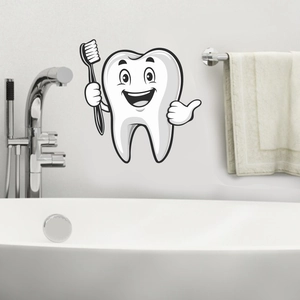 Smiling cartoon tooth wall sticker with toothbrush for modern bathroom wall decoration