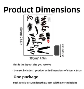 Detail view of 60x38cm makeup wall decal with size dimensions for room decoration