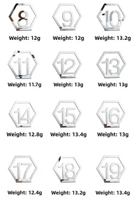 Detailed grid view of hexagonal silver acrylic mirror table numbers from eight to nineteen