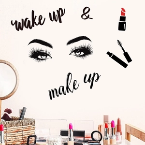 Chic Wake Up and Make Up wall decal for girl's vanity room featuring long lashes and lipstick