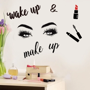 Eyelashes and lipstick wall sticker with Wake Up and Make Up text for makeup room decor