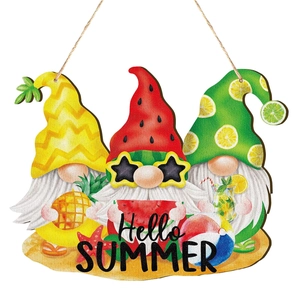 Summer Gnomes Wood Hanging Sign Hello Summer Watermelon Pineapple Lemon Gnome Wooden Door Hanger Decor For Garden Home