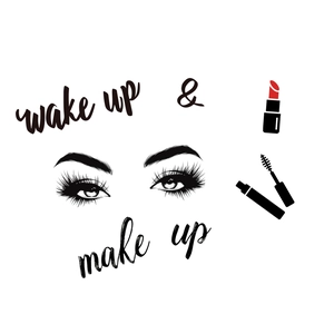 Wake up & make up wall sticker with long eyelashes, red lipstick and mascara icons