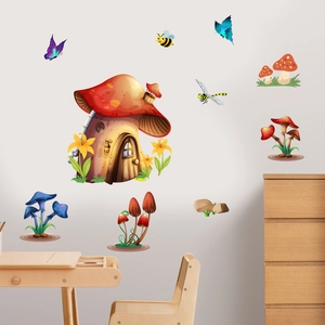 Cartoon mushroom house and insects wall decals for kids bedroom decor on a grey wall