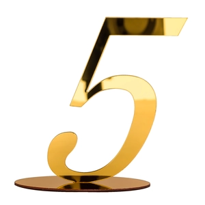 Goldene Tischnummer Fünf aus Acryl mit rundem Standfuß für Hochzeitstische und Bankette
