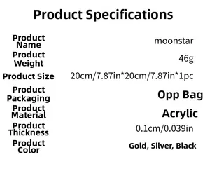 Detailed specifications for acrylic moon and star mirror wall stickers showing sizes and colors