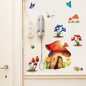 Cartoon mushroom house and forest insects wall decals for kids bedroom nursery decor