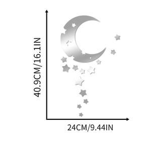 Detailed dimensions of moon and stars acrylic mirror wall decals showing 16.1 by 9.44 inches