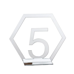 Silver mirror acrylic hexagonal table number 5 with base for weddings and events
