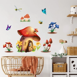 Cartoon forest mushroom house wall stickers with insects for kids bedroom nursery decor