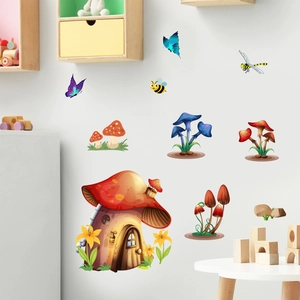 Cartoon Mushroom House Wall Stickers PVC Fairy Tale Forest Mushroom Insects Decals For Kids Room Nursery Bedroom Decoration
