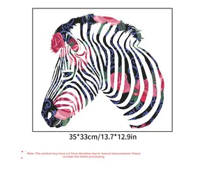 Detail of zebra head wall sticker with pink roses and floral patterns, size 35x33cm