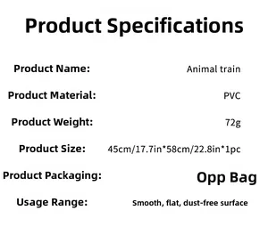 Detailed spec sheet for Animal Train PVC wall stickers measuring 45x58cm in OPP packaging