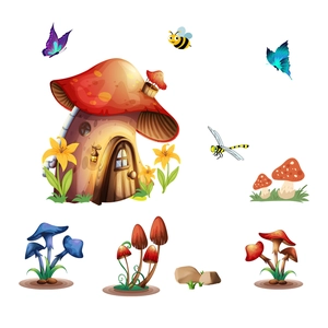 Cartoon mushroom house and insects wall decals for kids bedroom nursery decoration