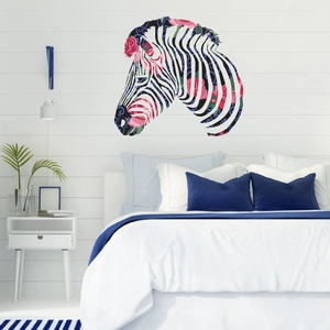 Zebra wall sticker with pink roses and floral patterns for a minimalist bedroom decoration