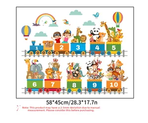 Detail of colorful cartoon animal train wall stickers with numbers 1 to 10 for nursery decor