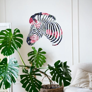 Artistic zebra wall sticker with red roses and floral patterns in a modern living room