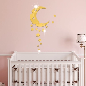 Golden acrylic mirror wall stickers with moon and stars for nursery and bedroom decor