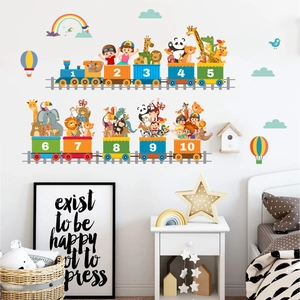Detail of colorful cartoon animal number train wall decal set in kids' room