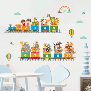 Cartoon animal train wall stickers with numbers 1-10 for kids nursery wall decor