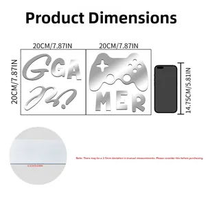 Detailed size chart of Gamer wall sticker showing 20x20cm silver acrylic mirror decal