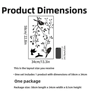 Detailed size chart showing 58x34cm bird branch wall sticker with phone scale comparison