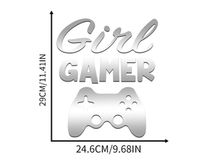 Detailed size chart for Girl Gamer acrylic mirror wall sticker showing 29x24.6 cm dimensions