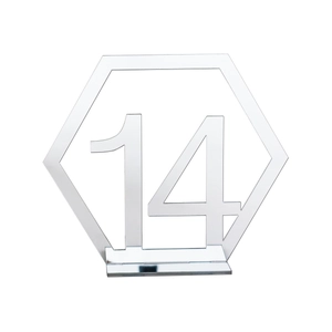 Silver mirror acrylic hexagon wedding table number 14 with rectangular support stand