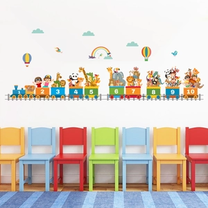 Colorful animal train wall stickers with numbers 1 to 10 for kids bedroom decoration