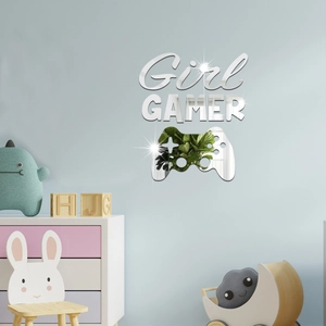 Silver mirror acrylic wall sticker featuring Girl Gamer text and game controller silhouette