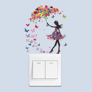 Artistic Girl With Flower Umbrella And Butterflies Switch Sticker PVC Self Adhesive Wall Decal For Living Room Bedroom Decor