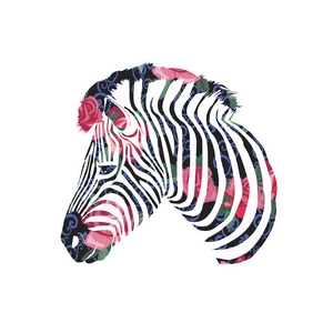 Creative zebra head wall sticker with pink roses and blue scroll floral stripes