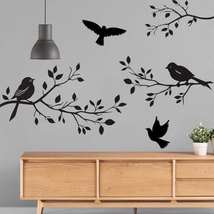 Minimalist black bird and branch wall decals silhouette for living room wall decoration
