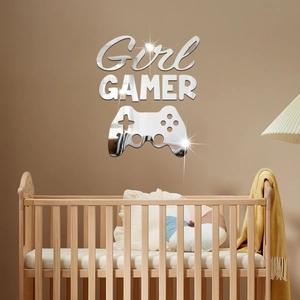 Silver mirror acrylic wall sticker featuring Girl GAMER text and a controller silhouette