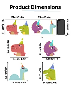 Size chart showing dimensions for four glow-in-the-dark dinosaur wall stickers with phone reference