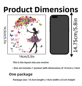 Detailed wall sticker size comparison showing girl and butterflies design next to a smartphone